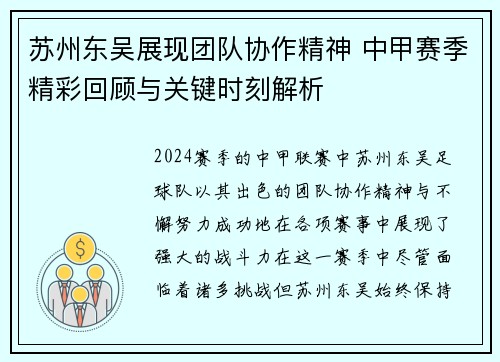 苏州东吴展现团队协作精神 中甲赛季精彩回顾与关键时刻解析