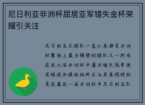 尼日利亚非洲杯屈居亚军错失金杯荣耀引关注