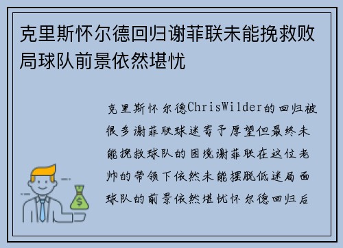 克里斯怀尔德回归谢菲联未能挽救败局球队前景依然堪忧